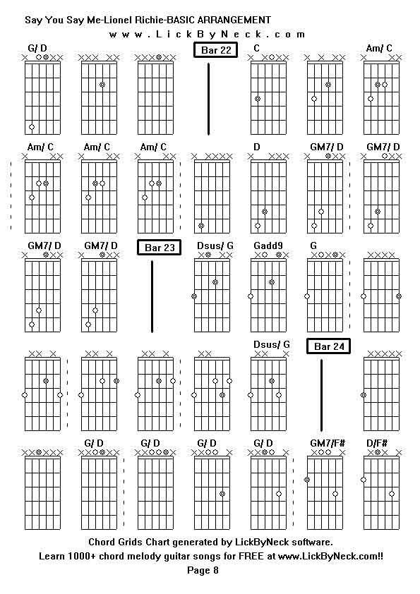 Chord Grids Chart of chord melody fingerstyle guitar song-Say You Say Me-Lionel Richie-BASIC ARRANGEMENT,generated by LickByNeck software.